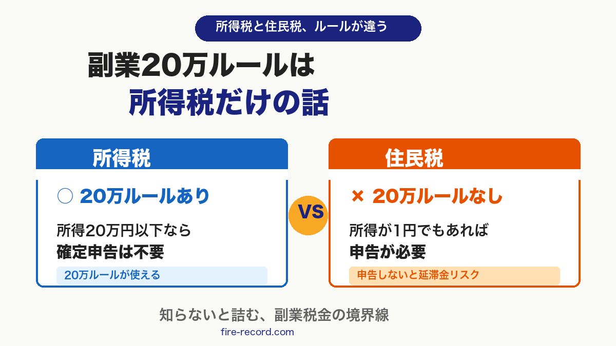 所得税と住民税のルールの違い：所得税は20万ルールあり、住民税は20万ルールなし
