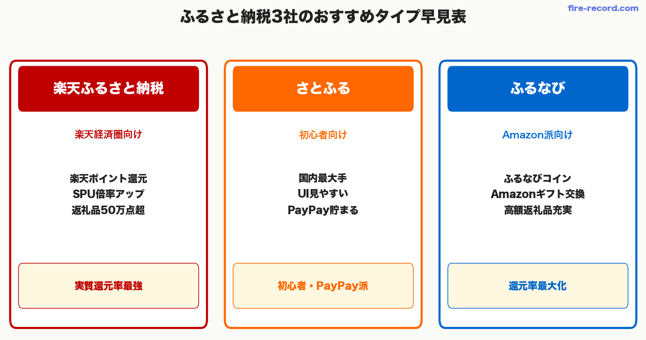 ふるさと納税3社のおすすめタイプ早見表