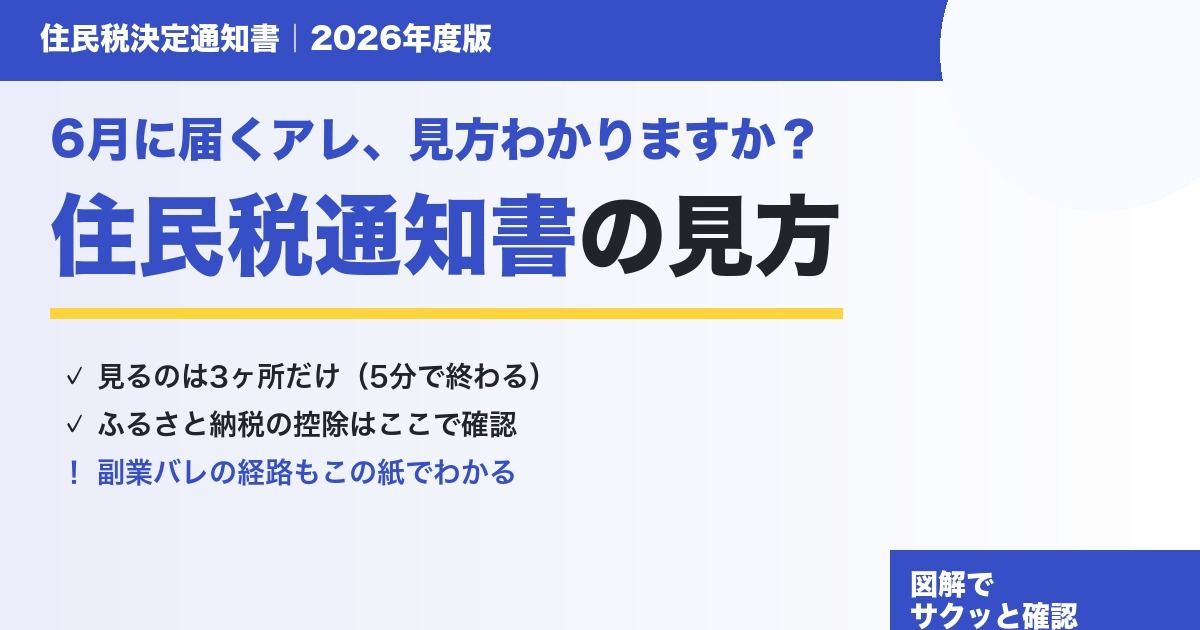 住民税決定通知書の見方を3ポイントで解説するアイキャッチ(2026年度版)