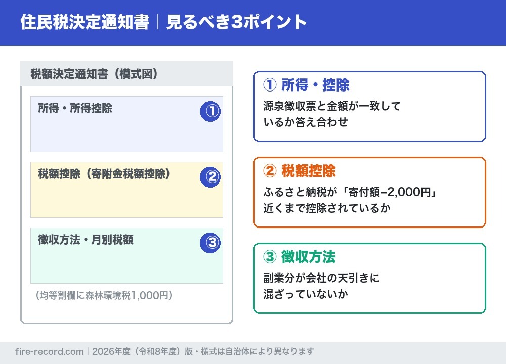 住民税決定通知書の見るべき3ポイント(所得控除・税額控除・徴収方法)の図解