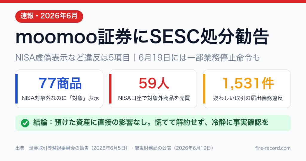 moomoo証券にSESC処分勧告。NISA虚偽表示など違反5項目、77商品・59人・1,531件の数字と、預けた資産に影響なしという結論を示すアイキャッチ