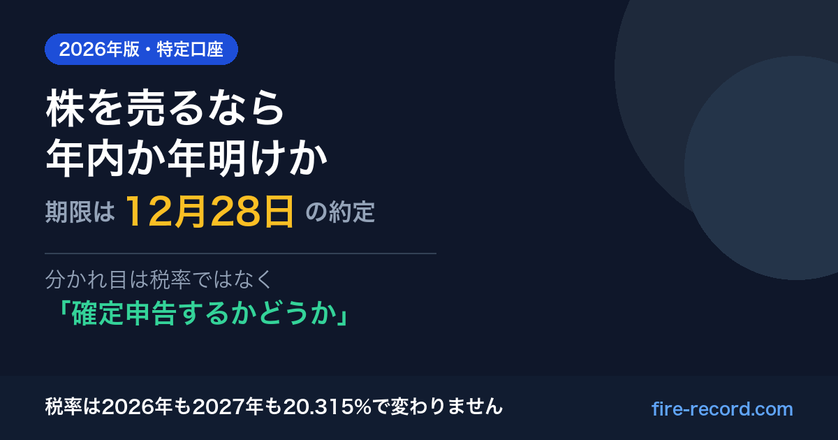 株を売るなら年内か年明けかを解説するアイキャッチ。2026年分にするための期限は12月28日の約定で、分かれ目は確定申告をするかどうか