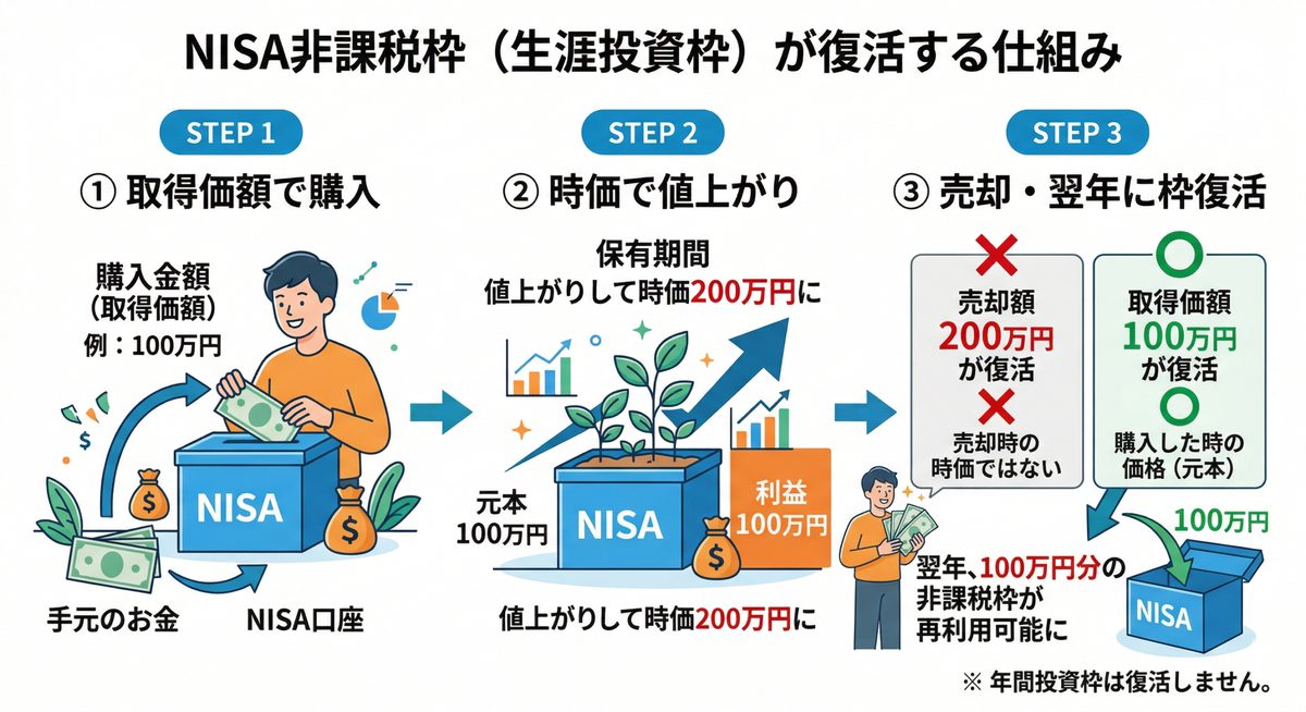 NISA非課税枠が復活する仕組み（簿価ベース）