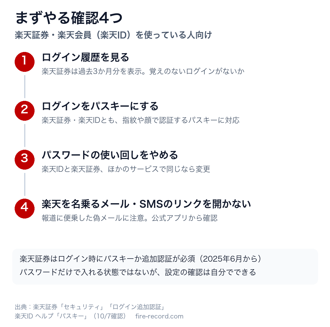 楽天証券・楽天IDを使っている人がまずやる確認4つ。ログイン履歴、パスキー、パスワードの使い回し、偽メール